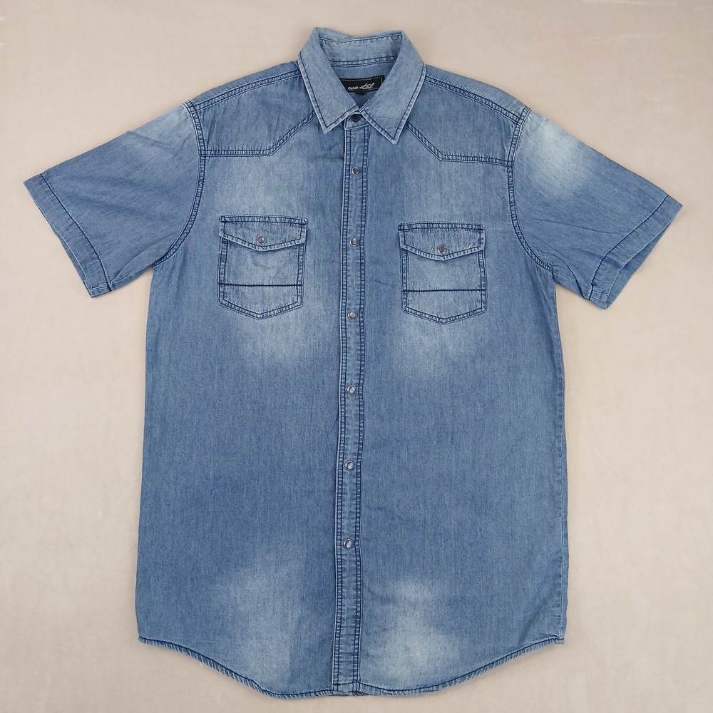 Coastal Medium Mens‎ Shirt Denim Western Pearl Snap Cowboy Short Sleeve 21x29